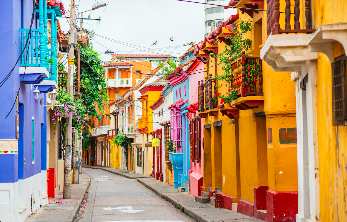 Historic Walled City and Bocagrande skyline in Cartagena Colombia