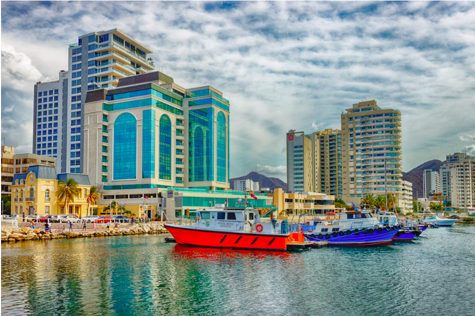 Santa Marta marina and Caribbean coast with Sierra Nevada mountains